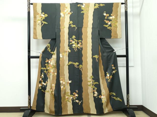 平和屋着物●極上 訪問着 駒刺繍 牡丹松鹿の子間道 金彩 藍海松茶色地 三越扱い 逸品 CZAA5440s6
