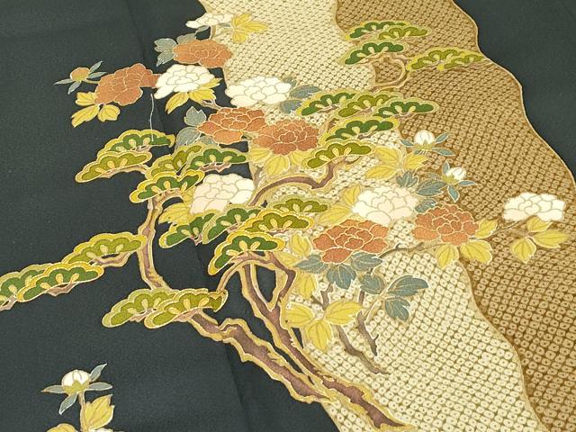 平和屋着物●極上 訪問着 駒刺繍 牡丹松鹿の子間道 金彩 藍海松茶色地 三越扱い 逸品 CZAA5440s6
