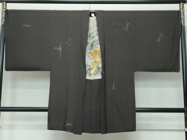 平和屋着物∞極上 男性 長羽織 舞桜 海松茶色地 羽裏:虎 逸品 未使用 CZAA5449s6