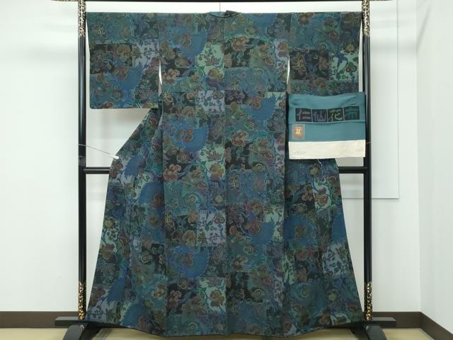 平和屋本店●極上 前田仁仙 仁仙更紗 小紋 仁仙花布 草木染 孔雀更紗花文 やまと誂製 反端付き 逸品 CZAA5454s6