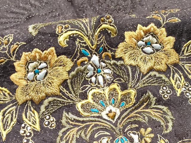 平和屋着物●極上 訪問着 刺繍 正倉院花文 金通し地 黒橡色地 やまと誂製 逸品 CZAA5457s6