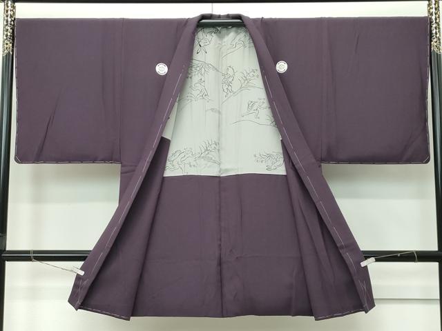 平和屋着物∞極上 男性 紋付長羽織 紅消鼠色 羽裏:鳥獣戯画 逸品 未使用 CZAA5469s6