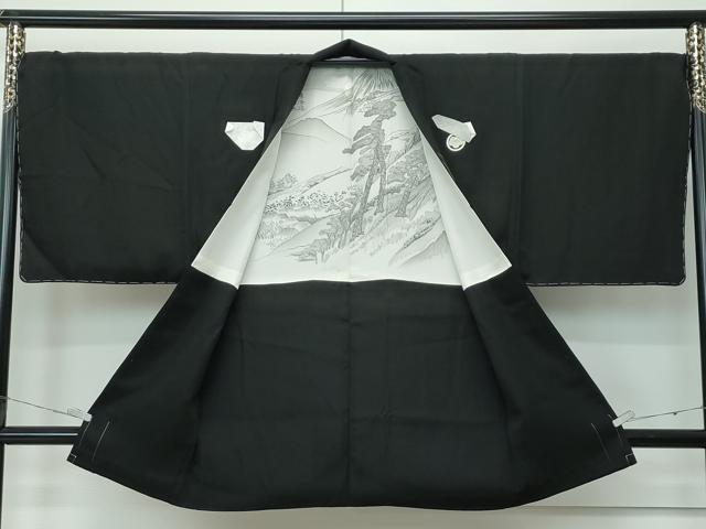 平和屋着物●極上 男性 黒紋付・長羽織セット 羽裏:東海道五十三次 そごう扱い 逸品 CZAA5516s6