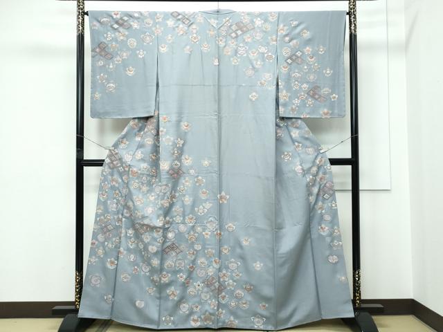 平和屋着物●極上 訪問着 総刺繍 蘇州刺繍 中国三大刺繍 相良刺繍 橘 七宝花文 銀糸 豆がら茶色地 逸品 未使用 CZAA5539s6