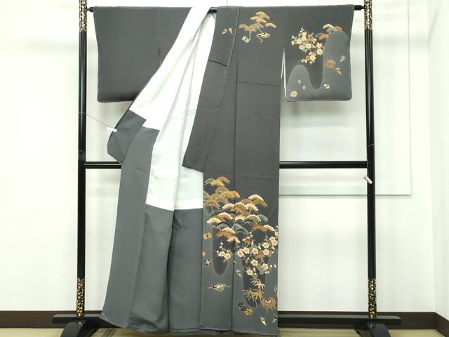 平和屋着物●極上 十日町 加賀草木友禅の第一人者 田村哲彦 訪問着 宝尽くし松竹梅 鬼しぼ縮緬 墨色地 逸品 未使用 CZAA5552s6