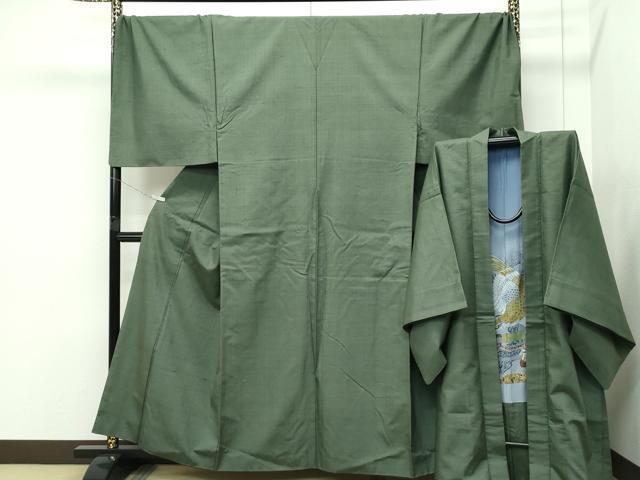 平和屋着物●極上 男性 紬 アンサンブル キングサイズ 色無地 麹塵色 逸品 CZAA5604s6