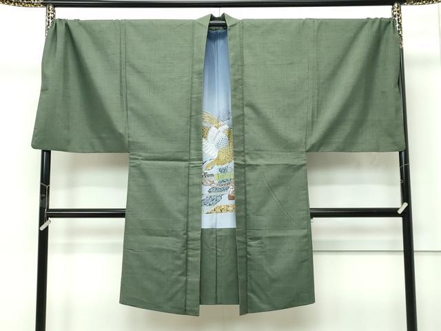 平和屋着物●極上 男性 紬 アンサンブル キングサイズ 色無地 麹塵色 逸品 CZAA5604s6