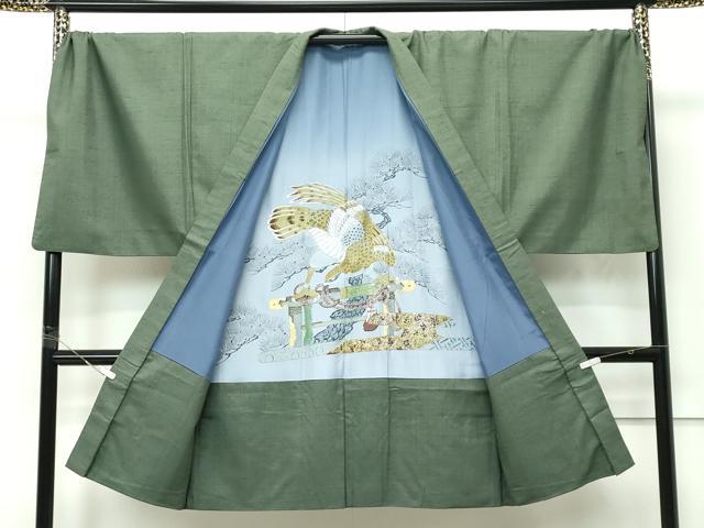 平和屋着物●極上 男性 紬 アンサンブル キングサイズ 色無地 麹塵色 逸品 CZAA5604s6