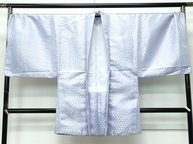 平和屋着物●極上 男性 色無地・紋付き羽織セット キングサイズ 鱗丸文 銀通し地 着物:白 羽織:薄鼠 舞台衣装 洗える着物 逸品CZAA5609s6