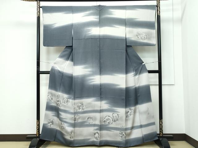 平和屋着物●極上 訪問着 作家物 手描き お面 暈し染め 藍墨茶色地 逸品 CZAA5618s6