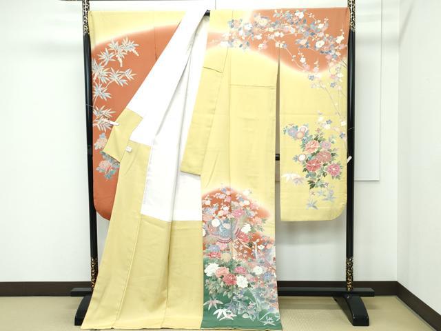 平和屋本店●極上 十日町 加賀草木友禅の第一人者 田村哲彦 振袖 孔雀草花文 暈し染め 逸品 CZAA5624s6