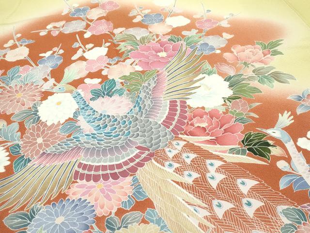 平和屋本店●極上 十日町 加賀草木友禅の第一人者 田村哲彦 振袖 孔雀草花文 暈し染め 逸品 CZAA5624s6