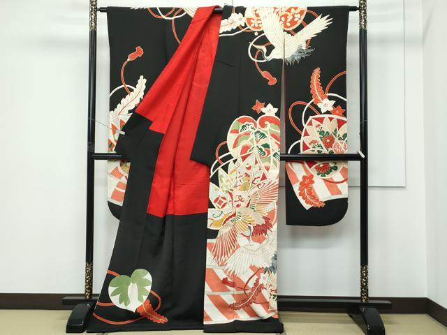 平和屋本店●極上 アンティーク 大正ロマン 振袖 駒刺繍 飛鶴草花文 黒地 金彩 逸品 CZAA5644s6