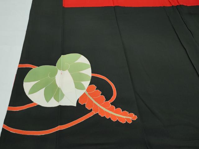 平和屋本店●極上 アンティーク 大正ロマン 振袖 駒刺繍 飛鶴草花文 黒地 金彩 逸品 CZAA5644s6