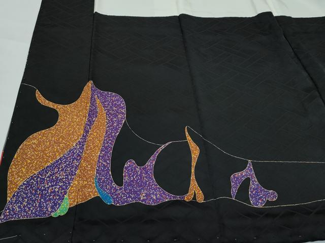 平和屋本店●極上 振袖 作家物 刺繍 抽象文 黒地 金銀彩 逸品 CZAA5699s6