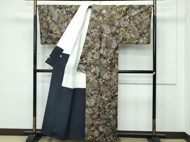 平和屋本店●極上 小紋 総刺繍 草花尽くし 黒地 逸品 CZAA5705s6