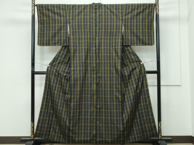平和屋本店●希少 本場黄八丈 市松綾織 黒八丈 紬 逸品 CZAA5712s6