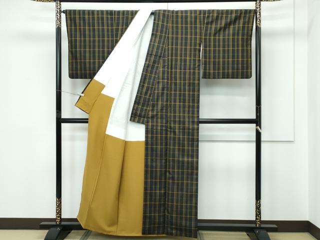 平和屋本店●希少 本場黄八丈 市松綾織 黒八丈 紬 逸品 CZAA5712s6