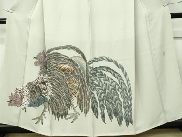 平和屋本店●極上 細密友禅作家 坂江伸仁 色留訪問着 鶏 柳鼠色地 鈴乃屋扱い 逸品 CZAA5737s6