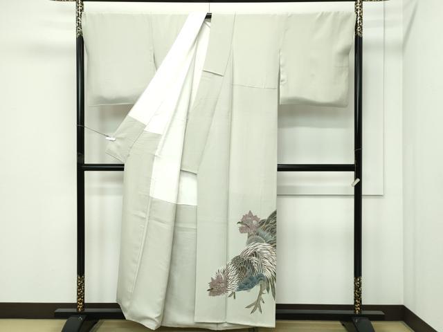 平和屋本店●極上 細密友禅作家 坂江伸仁 色留訪問着 鶏 柳鼠色地 鈴乃屋扱い 逸品 CZAA5737s6
