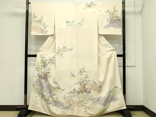 平和屋本店●極上 訪問着 友禅 駒刺繍 渡り橋松竹梅草花文 暈し染め 金彩 蜂蜜色地 逸品 未使用 CZAA5809s6