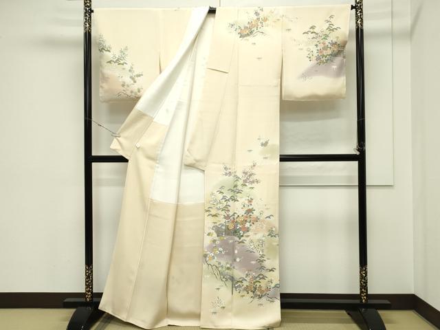 平和屋本店●極上 訪問着 友禅 駒刺繍 渡り橋松竹梅草花文 暈し染め 金彩 蜂蜜色地 逸品 未使用 CZAA5809s6