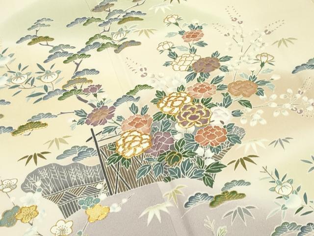 平和屋本店●極上 訪問着 友禅 駒刺繍 渡り橋松竹梅草花文 暈し染め 金彩 蜂蜜色地 逸品 未使用 CZAA5809s6