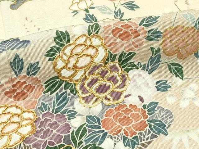 平和屋本店●極上 訪問着 友禅 駒刺繍 渡り橋松竹梅草花文 暈し染め 金彩 蜂蜜色地 逸品 未使用 CZAA5809s6