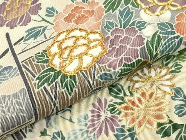 平和屋本店●極上 訪問着 友禅 駒刺繍 渡り橋松竹梅草花文 暈し染め 金彩 蜂蜜色地 逸品 未使用 CZAA5809s6