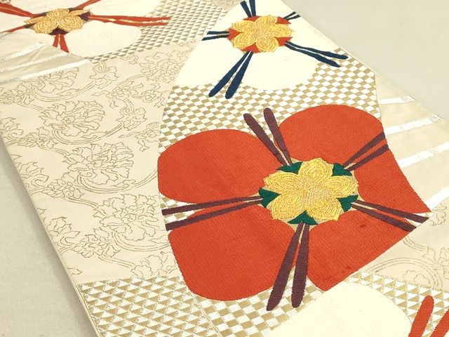 平和屋着物◎六通柄袋帯 唐織 扇面花文 金糸 逸品 DAAI2660ox