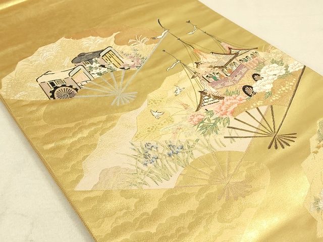 平和屋着物◎六通太鼓柄袋帯 扇面洛中図 金糸 引箔 逸品 DAAI2670ox