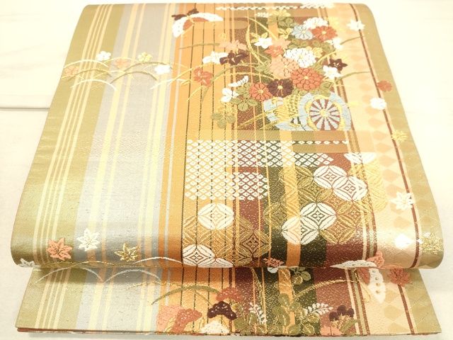 平和屋着物◎六通柄袋帯 唐織 吉祥花丸舞蝶文 金糸 逸品 DAAI3817tw