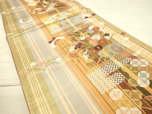 平和屋着物◎六通柄袋帯 唐織 吉祥花丸舞蝶文 金糸 逸品 DAAI3817tw