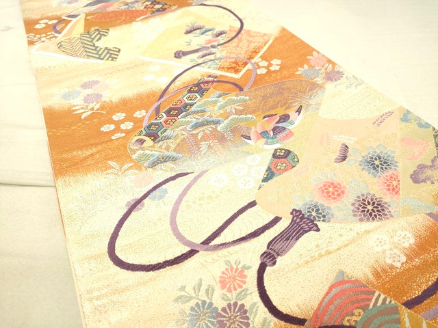 平和屋着物◎六通柄袋帯 唐織 冊子絵巻花文 金糸 逸品 DAAI3993tw