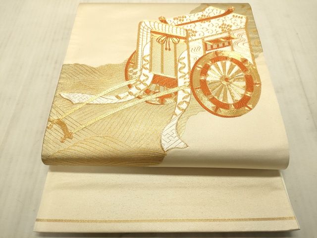 平和屋着物■太鼓柄袋帯 駒刺繍 御所車花文 金彩 逸品 DAAI4817du