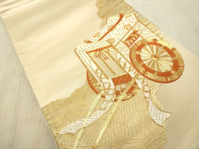 平和屋着物■太鼓柄袋帯 駒刺繍 御所車花文 金彩 逸品 DAAI4817du