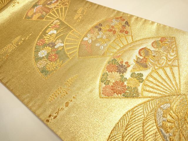 平和屋着物◎六通柄袋帯 扇面鴛鴦花文 金銀糸 正絹 逸品 DAAI5740op