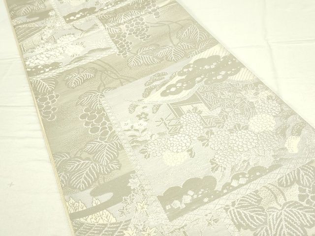 平和屋着物◎六通柄袋帯 蒔絵錦 葡萄色紙風景花文 銀糸 逸品 DAAI7144we