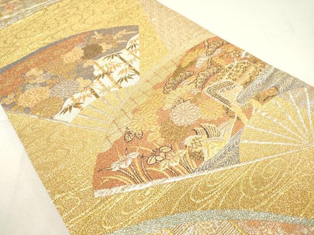 平和屋着物●六通柄袋帯 扇面御所車花文 金糸 正絹 逸品 DAAI8855az