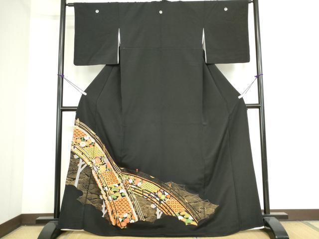 平和屋着物■豪華黒留袖 駒刺繍 渡橋吉祥花文 金彩 正絹 逸品 DAAI8943az