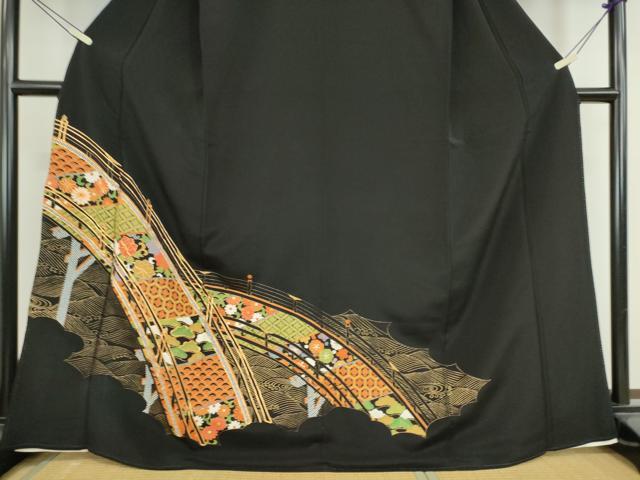 平和屋着物■豪華黒留袖 駒刺繍 渡橋吉祥花文 金彩 正絹 逸品 DAAI8943az