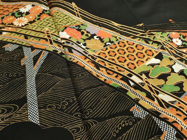 平和屋着物■豪華黒留袖 駒刺繍 渡橋吉祥花文 金彩 正絹 逸品 DAAI8943az