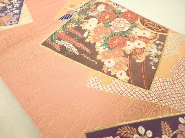 平和屋着物◎六通柄袋帯 唐織 色紙重ね草花文 金糸 逸品 DAAJ0515sa