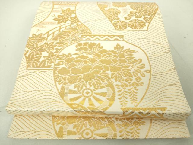 平和屋着物◎六通柄袋帯 陶器花文 金糸 正絹 逸品 DAAJ2725mz