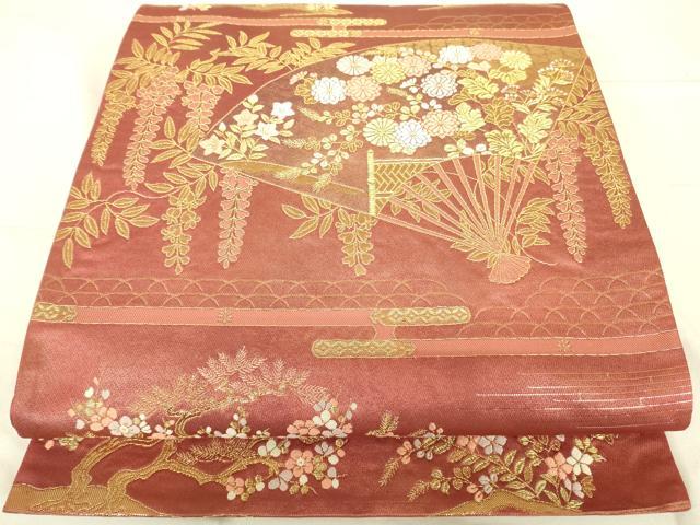 平和屋着物◎六通柄袋帯 風景花文 金糸 引箔 正絹 逸品 DAAJ4378re
