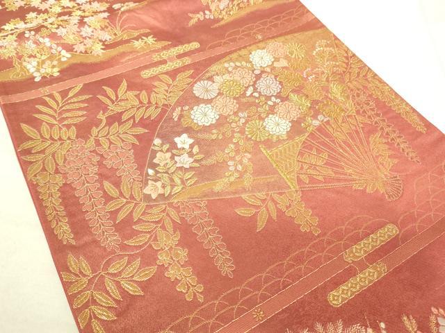 平和屋着物◎六通柄袋帯 風景花文 金糸 引箔 正絹 逸品 DAAJ4378re