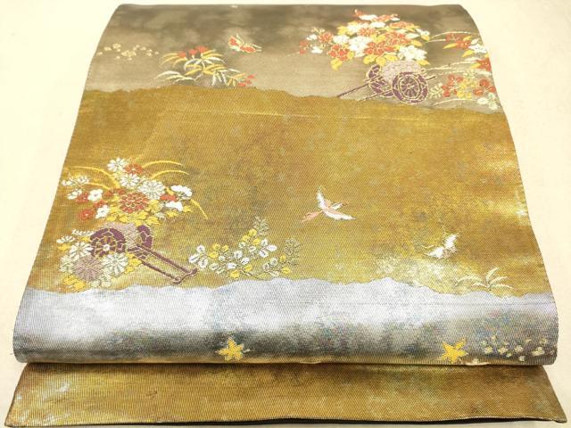 平和屋着物◎六通柄袋帯 横段花鳥文 金糸 引箔 正絹 逸品 DAAJ4474re