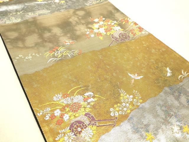 平和屋着物◎六通柄袋帯 横段花鳥文 金糸 引箔 正絹 逸品 DAAJ4474re