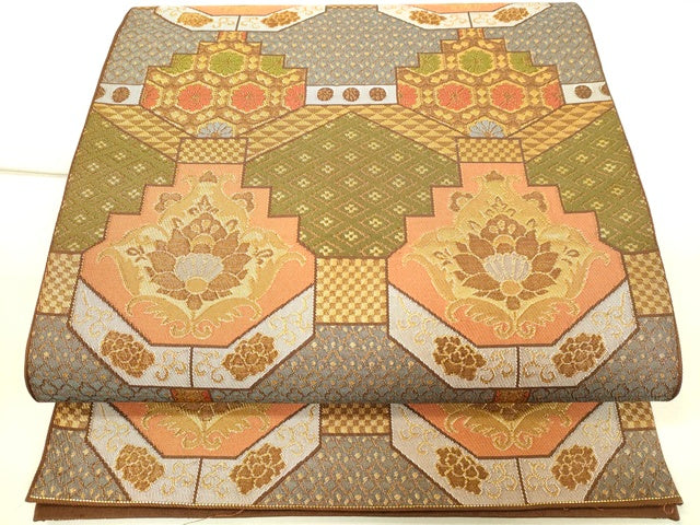 平和屋着物◎六通柄 本袋帯 幾何学花文 金糸 逸品 DAAJ4500tw