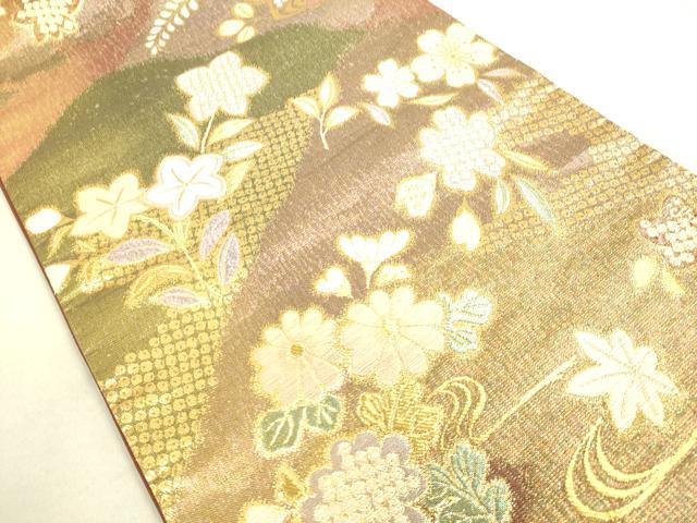 平和屋着物●六通太鼓柄袋帯 草花文 金糸 正絹 逸品 DAAJ5543du